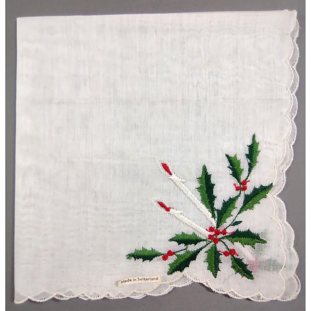 Vintage Christmas Handkerchief Holly Berry Candle Scalloped Switzerland 11x11